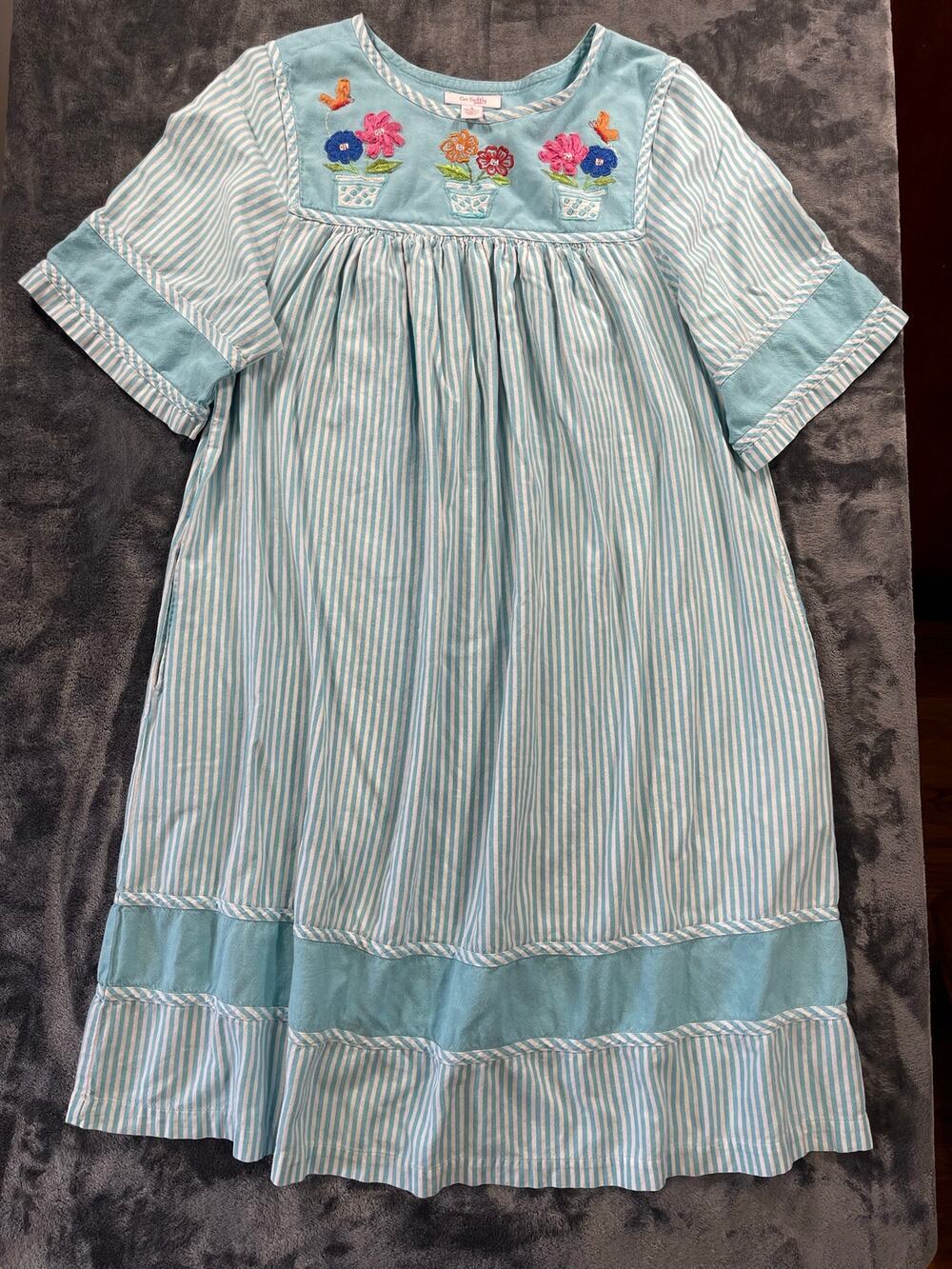 Vintage Go Softly Patio Dress Aqua Striped Cotton 3D Embroidered Flower Pots Med
